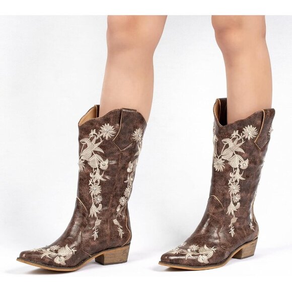 Women's Embroidered Western Cowboy Boots Floral Vintage Leather Cowgirl Shoes - Picture 5 of 9